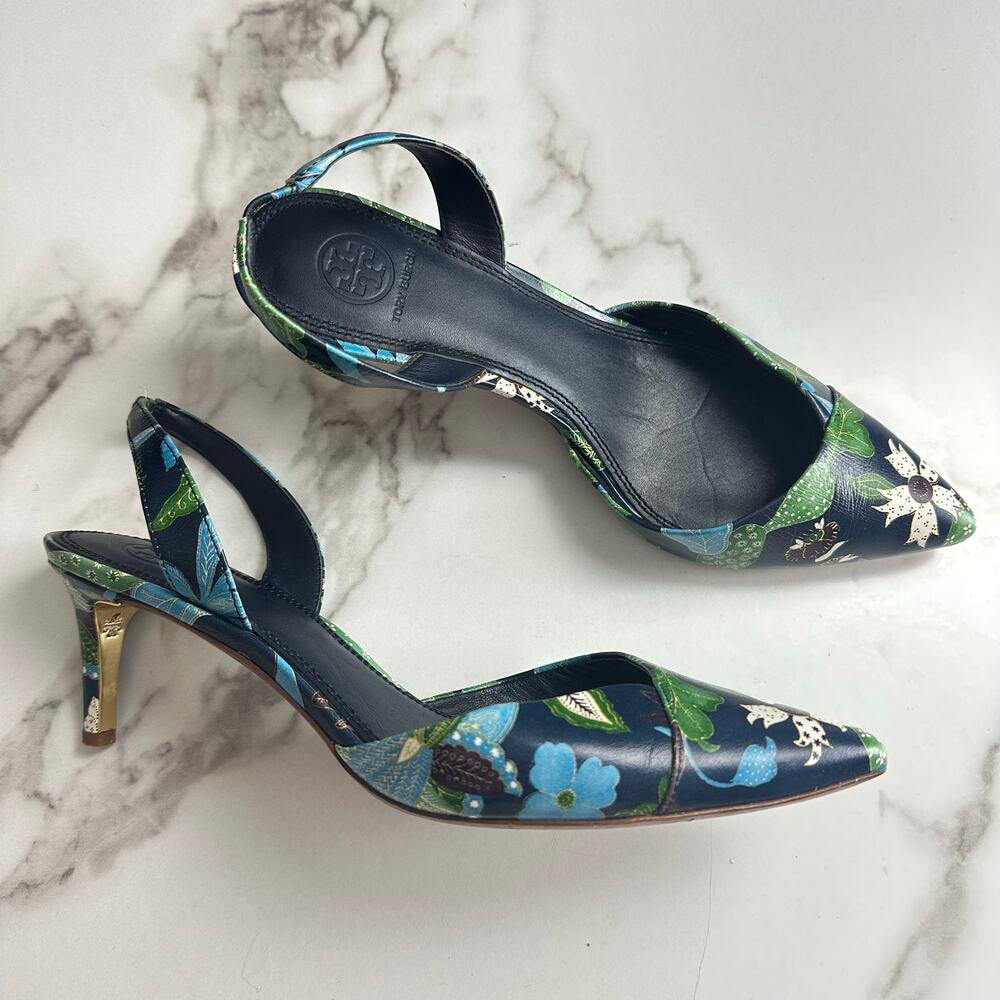 Tory Burch Nappa Leather Slingback Pointed Heels in Navy Wisteria Size 9 - Picture 2 of 14
